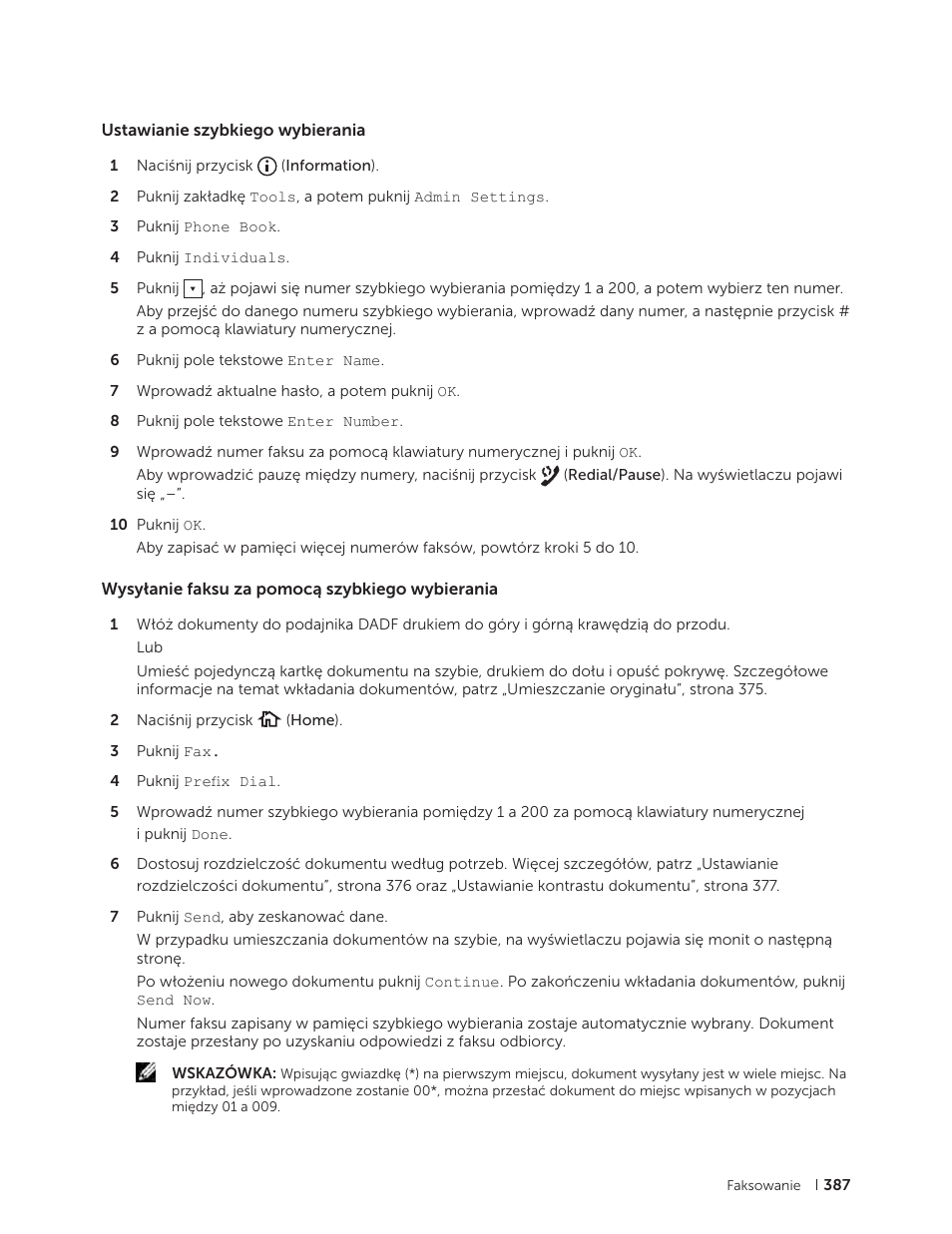 Ustawianie szybkiego wybierania, Wysyłanie faksu za pomocą szybkiego wybierania | Dell C2665dnf Color Laser Printer User Manual | Page 387 / 564