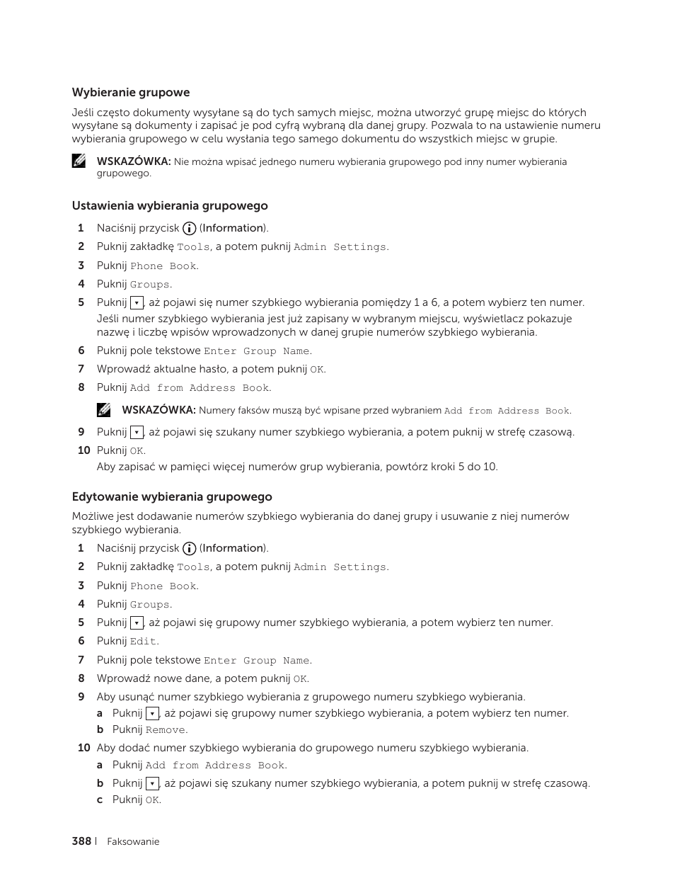 Wybieranie grupowe, Ustawienia wybierania grupowego, Edytowanie wybierania grupowego | Dell C2665dnf Color Laser Printer User Manual | Page 388 / 564