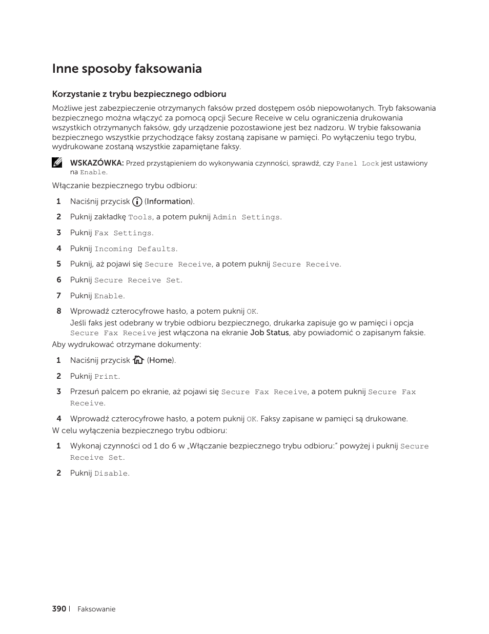 Inne sposoby faksowania, Korzystanie z trybu bezpiecznego odbioru | Dell C2665dnf Color Laser Printer User Manual | Page 390 / 564