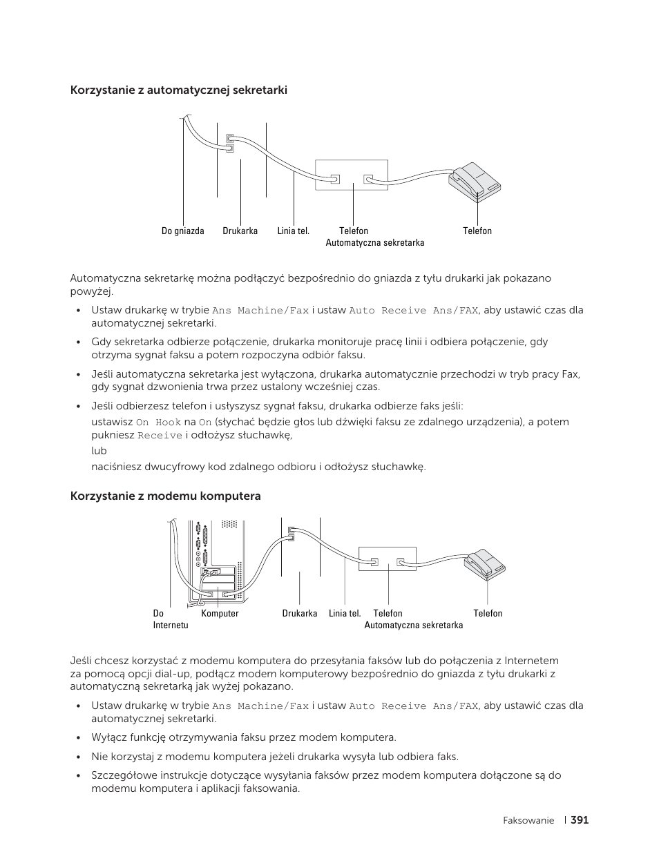 Korzystanie z automatycznej sekretarki, Korzystanie z modemu komputera | Dell C2665dnf Color Laser Printer User Manual | Page 391 / 564