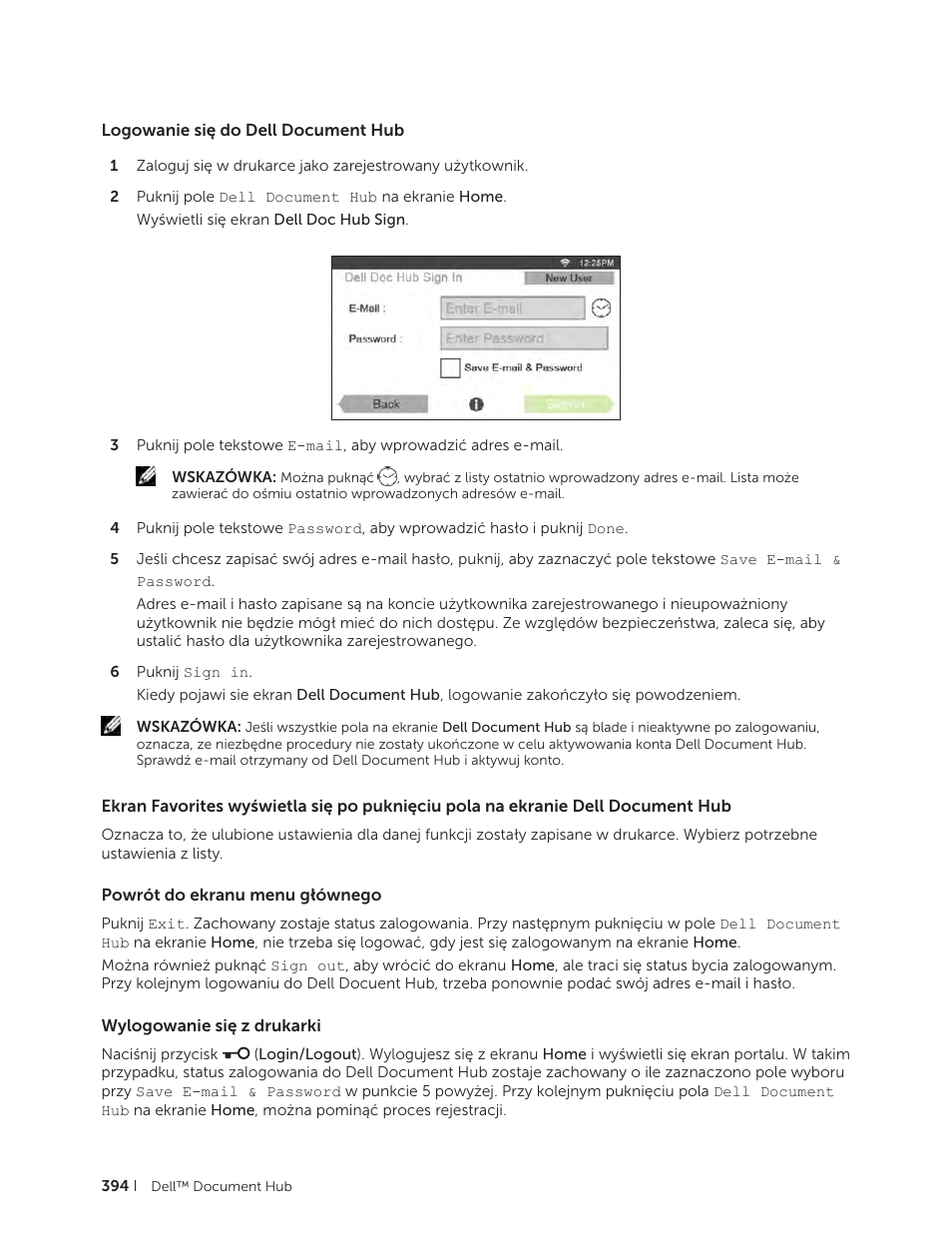 Logowanie się do dell document hub, Powrót do ekranu menu głównego, Wylogowanie się z drukarki | Dell C2665dnf Color Laser Printer User Manual | Page 394 / 564