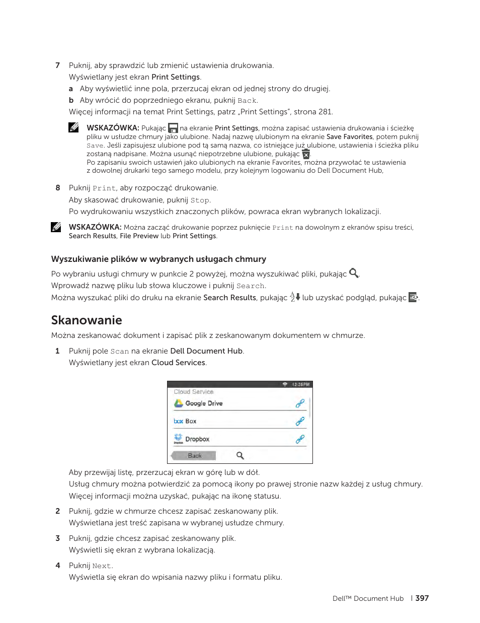 Wyszukiwanie plików w wybranych usługach chmury, Skanowanie | Dell C2665dnf Color Laser Printer User Manual | Page 397 / 564