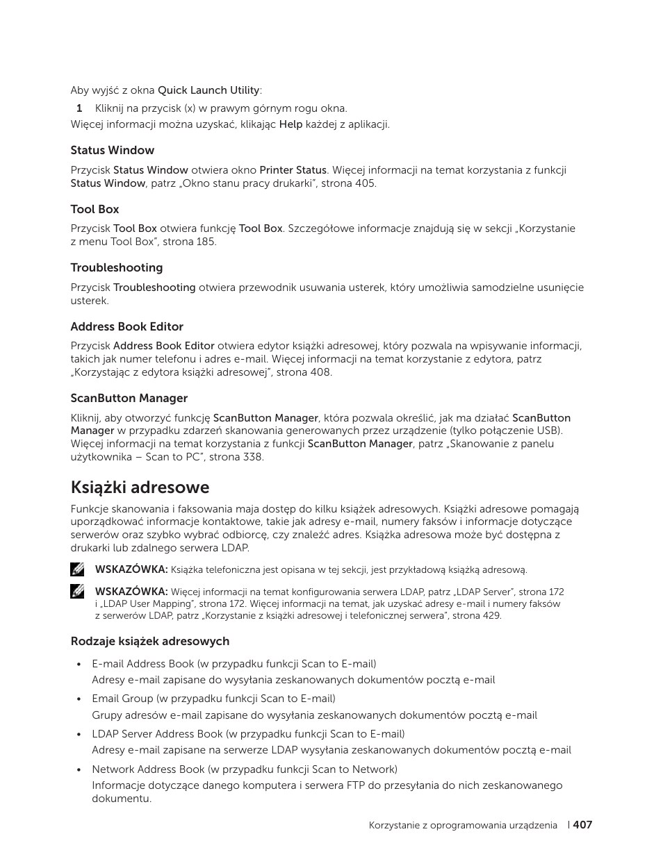 Status window, Tool box, Troubleshooting | Address book editor, Scanbutton manager, Książki adresowe, Rodzaje książek adresowych, Trz „książki | Dell C2665dnf Color Laser Printer User Manual | Page 407 / 564