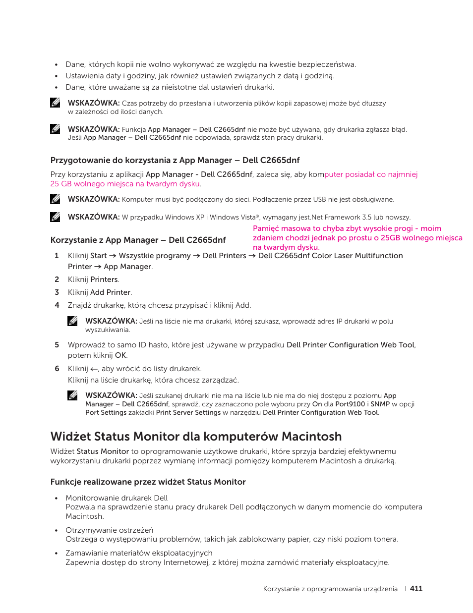 Korzystanie z app manager – dell c2665dnf, Widżet status monitor dla komputerów macintosh, Funkcje realizowane przez widżet status monitor | Dell C2665dnf Color Laser Printer User Manual | Page 411 / 564