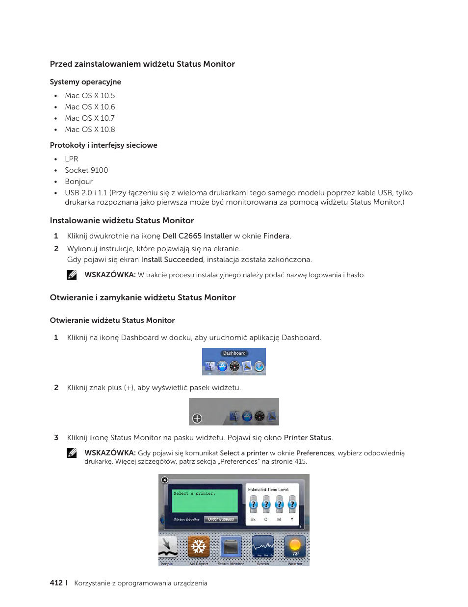 Przed zainstalowaniem widżetu status monitor, Instalowanie widżetu status monitor, Otwieranie i zamykanie widżetu status monitor | Dell C2665dnf Color Laser Printer User Manual | Page 412 / 564