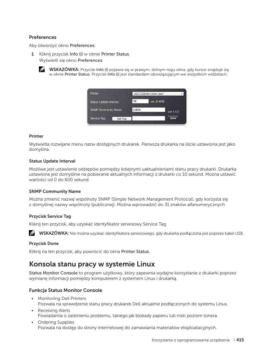 Preferences, Konsola stanu pracy w systemie linux, Funkcja status monitor console | Dell C2665dnf Color Laser Printer User Manual | Page 415 / 564