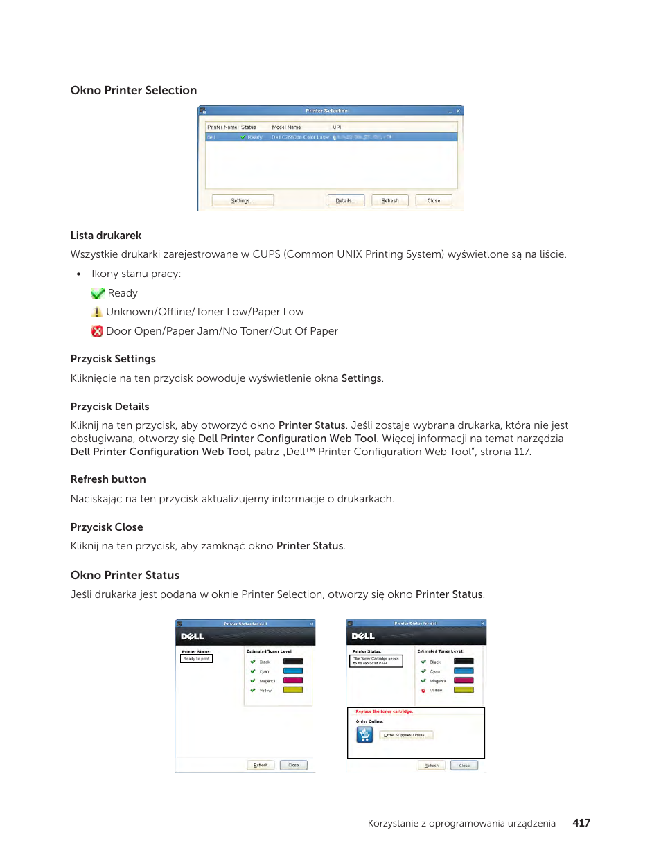 Okno printer selection, Okno printer status, Okno printer selection okno printer status | Dziale „okno printer selection” na stronie 417, Dziale „okno printer status” na stronie 417 | Dell C2665dnf Color Laser Printer User Manual | Page 417 / 564