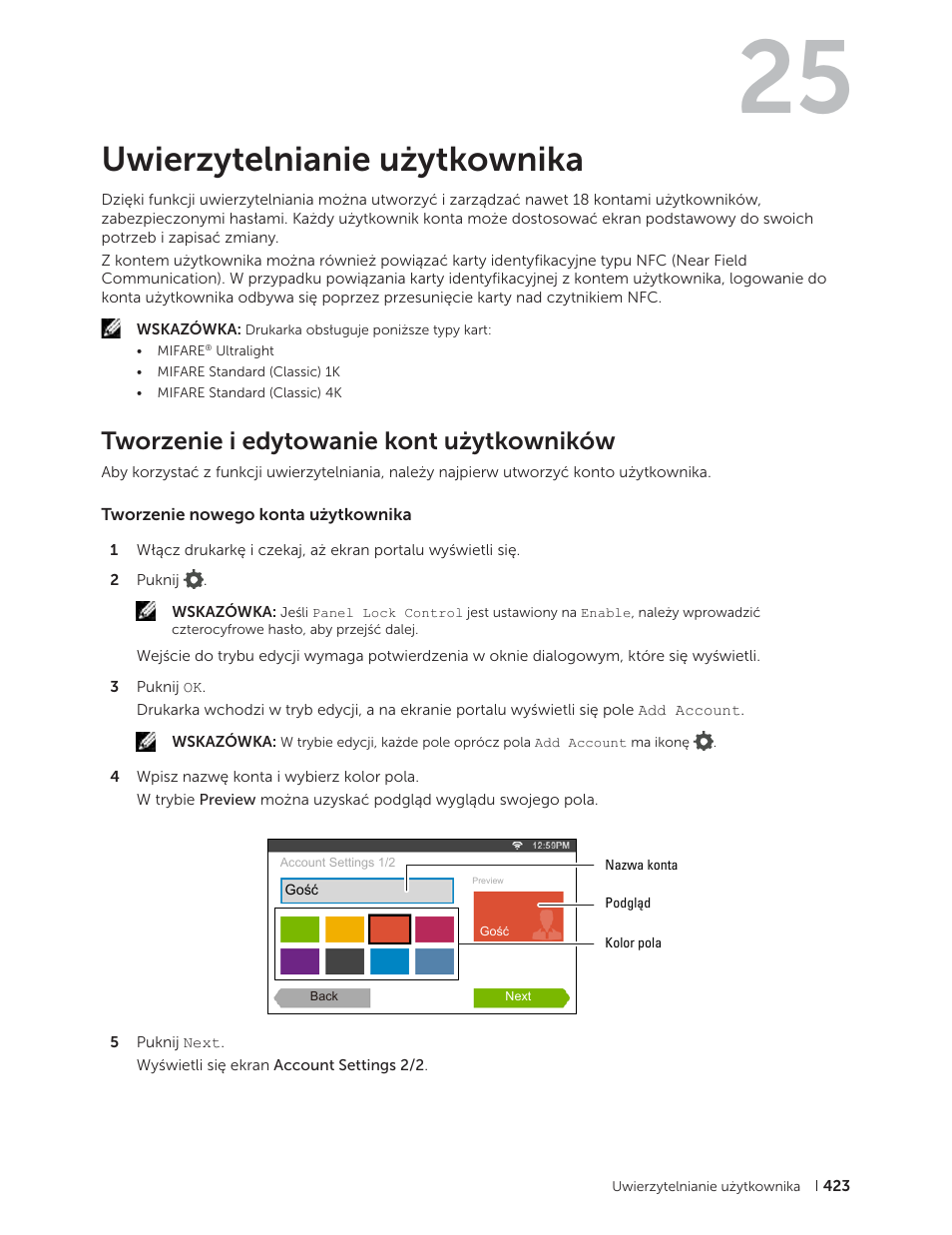 Uwierzytelnianie użytkownika, Tworzenie i edytowanie kont użytkowników, Tworzenie nowego konta użytkownika | 25 uwierzytelnianie użytkownika | Dell C2665dnf Color Laser Printer User Manual | Page 423 / 564