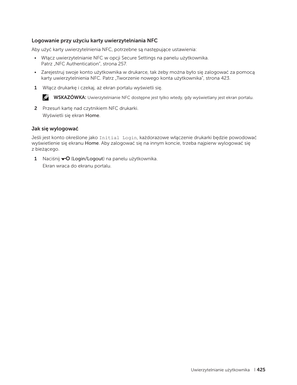 Logowanie przy użyciu karty uwierzytelniania nfc, Jak się wylogować | Dell C2665dnf Color Laser Printer User Manual | Page 425 / 564