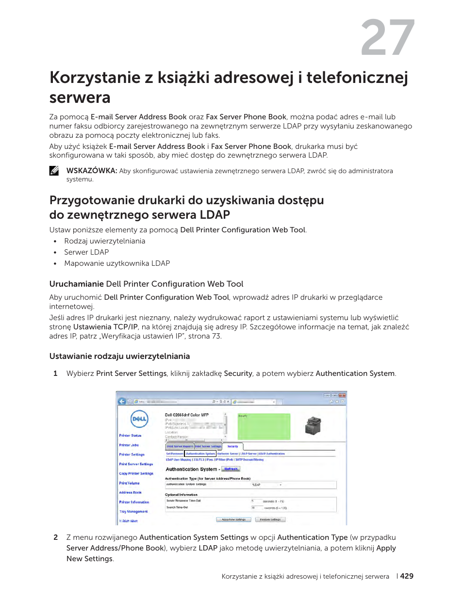 Uruchamianie dell printer configuration web tool, Ustawianie rodzaju uwierzytelniania, Trz „korzystanie z książki | 27 korzystanie z książki adresowej, I telefonicznej serwera | Dell C2665dnf Color Laser Printer User Manual | Page 429 / 564