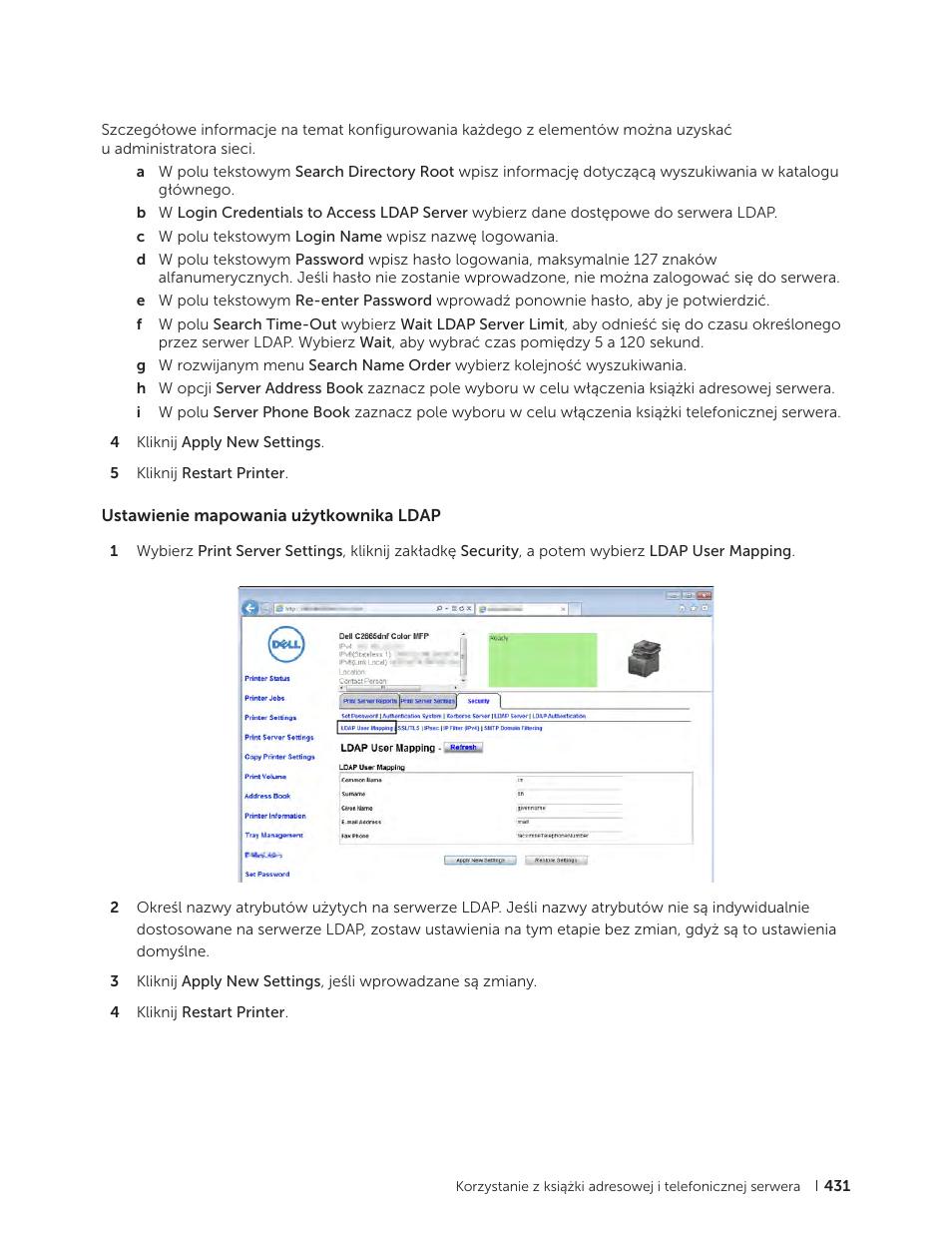 Ustawienie mapowania użytkownika ldap | Dell C2665dnf Color Laser Printer User Manual | Page 431 / 564