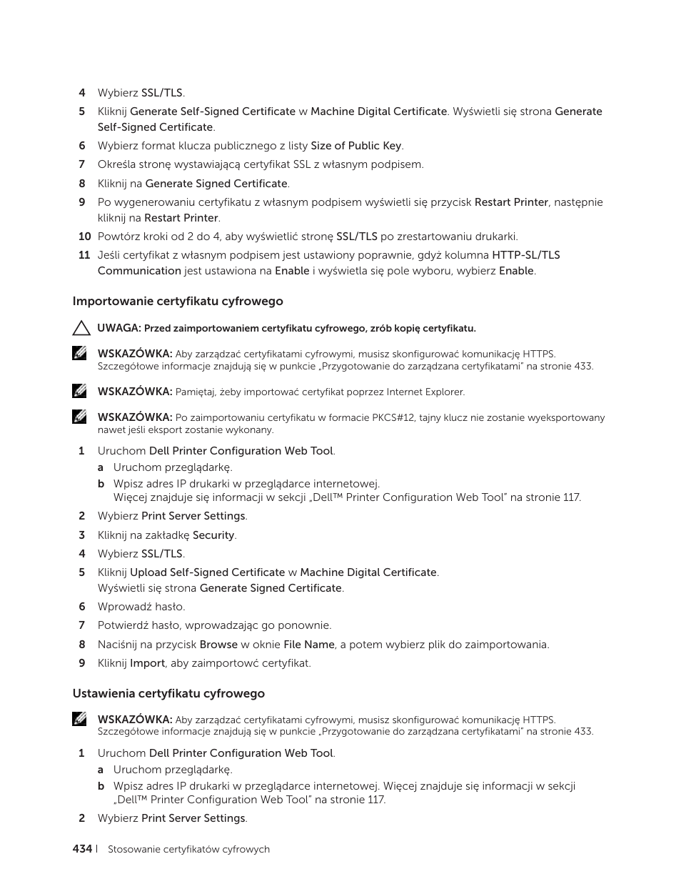 Importowanie certyfikatu cyfrowego, Ustawienia certyfikatu cyfrowego | Dell C2665dnf Color Laser Printer User Manual | Page 434 / 564