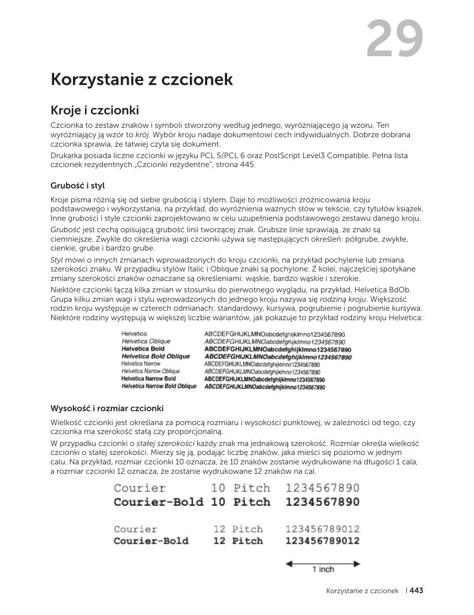 Korzystanie z czcionek, Kroje i czcionki, Grubość i styl | Wysokość i rozmiar czcionki, Grubość i styl wysokość i rozmiar czcionki, 29 korzystanie z czcionek | Dell C2665dnf Color Laser Printer User Manual | Page 443 / 564