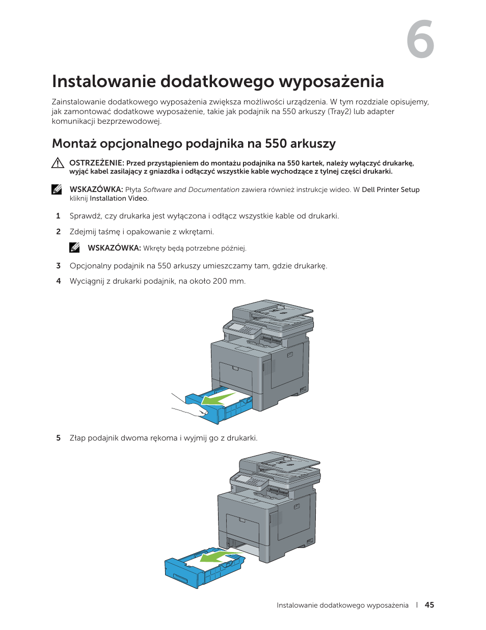 Instalowanie dodatkowego wyposażenia, Montaż opcjonalnego podajnika na 550 arkuszy | Dell C2665dnf Color Laser Printer User Manual | Page 45 / 564