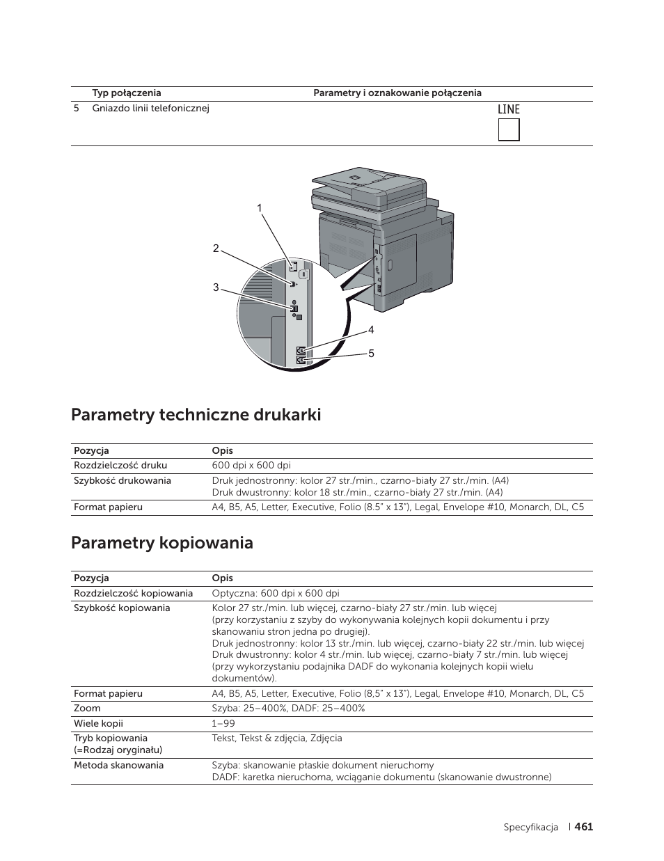 Parametry techniczne drukarki, Parametry kopiowania | Dell C2665dnf Color Laser Printer User Manual | Page 461 / 564