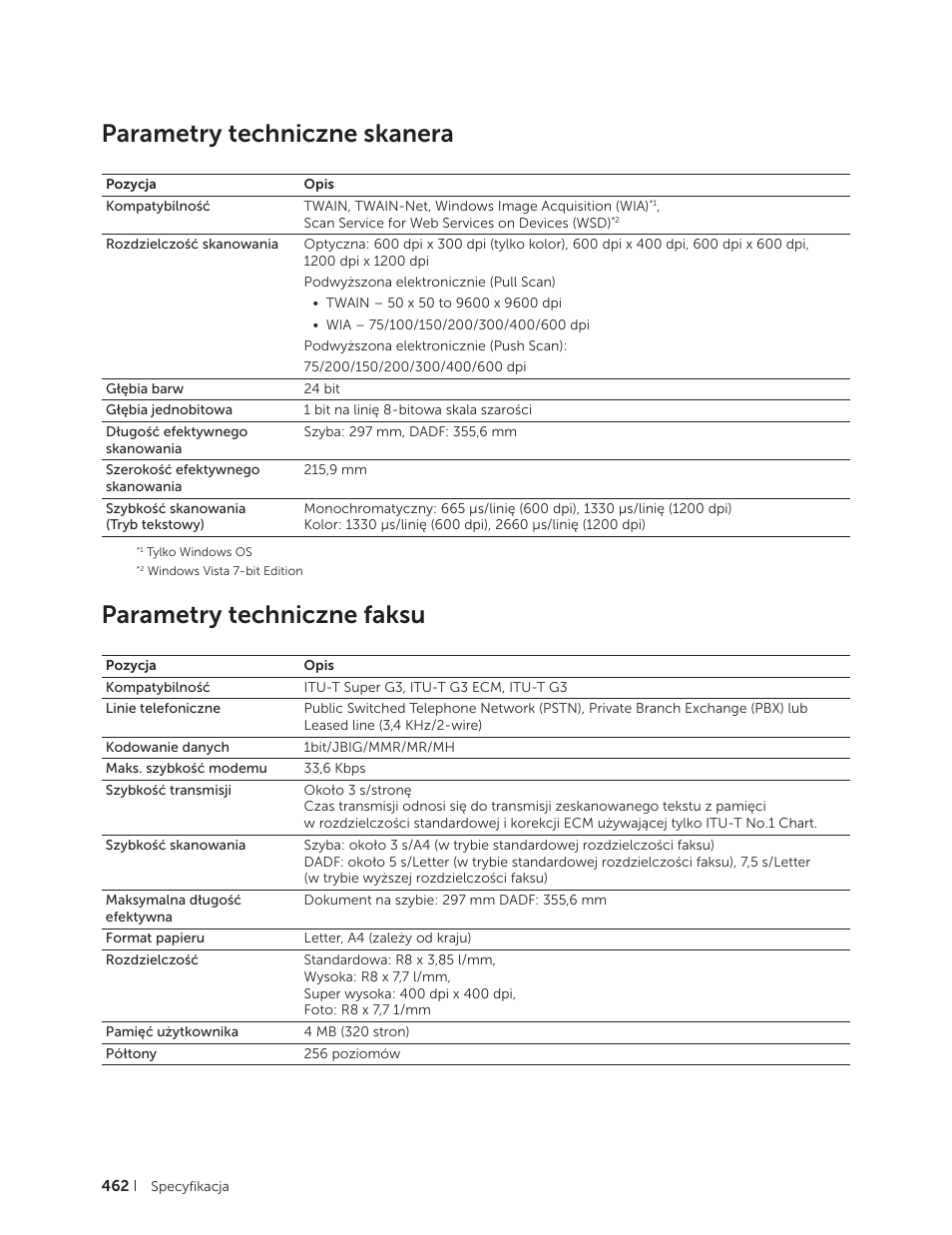 Parametry techniczne skanera, Parametry techniczne faksu | Dell C2665dnf Color Laser Printer User Manual | Page 462 / 564