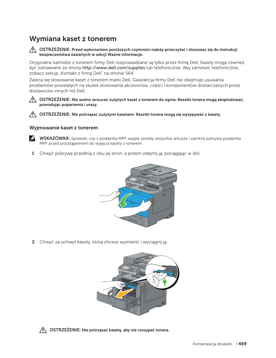 Wymiana kaset z tonerem, Wyjmowanie kaset z tonerem | Dell C2665dnf Color Laser Printer User Manual | Page 469 / 564