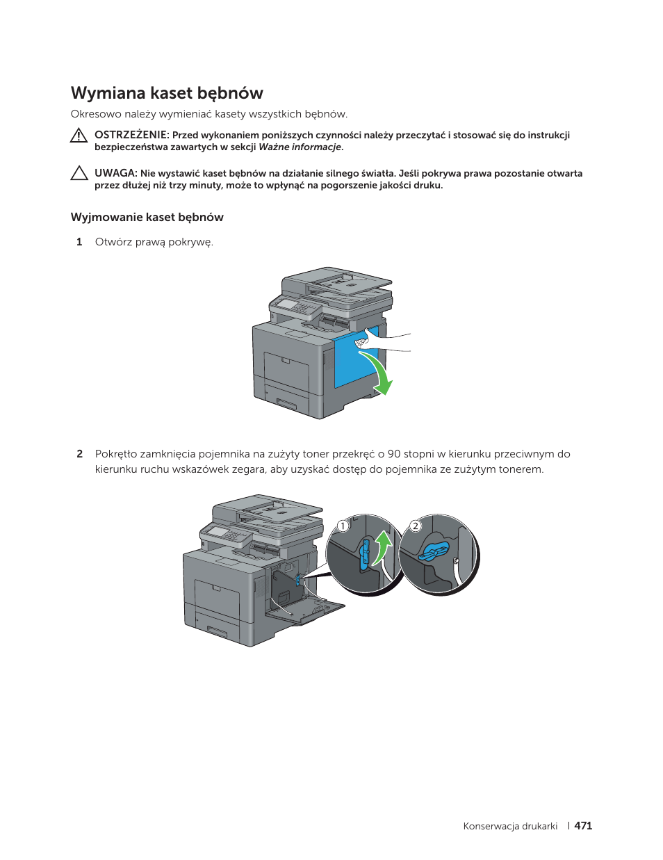 Wymiana kaset bębnów, Wyjmowanie kaset bębnów | Dell C2665dnf Color Laser Printer User Manual | Page 471 / 564