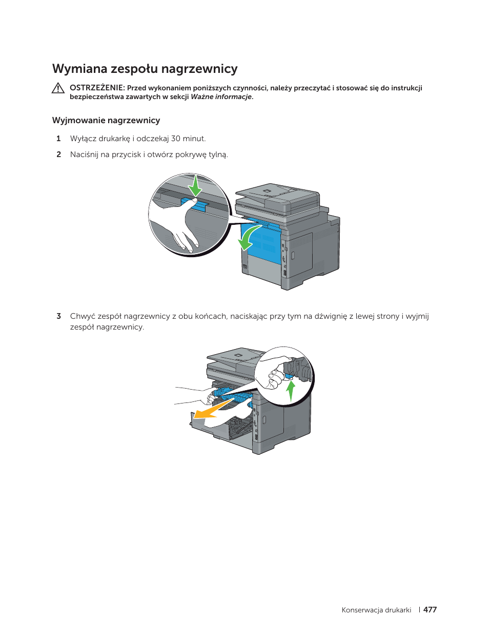 Wymiana zespołu nagrzewnicy, Wyjmowanie nagrzewnicy | Dell C2665dnf Color Laser Printer User Manual | Page 477 / 564
