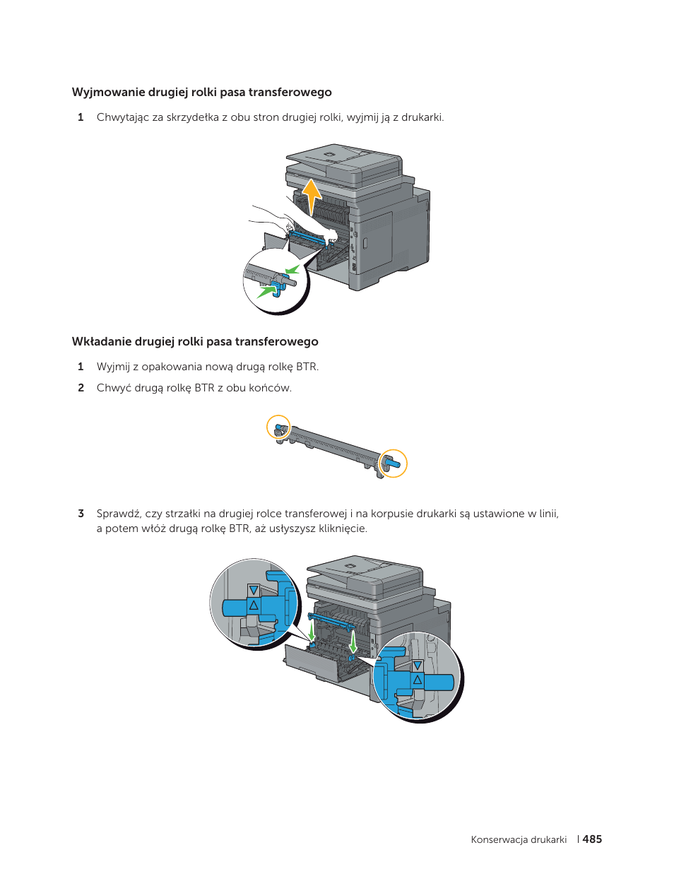 Wyjmowanie drugiej rolki pasa transferowego, Wkładanie drugiej rolki pasa transferowego | Dell C2665dnf Color Laser Printer User Manual | Page 485 / 564