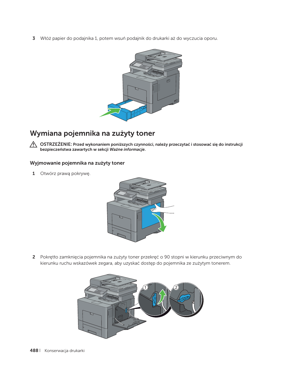 Wymiana pojemnika na zużyty toner, Wyjmowanie pojemnika na zużyty toner | Dell C2665dnf Color Laser Printer User Manual | Page 488 / 564