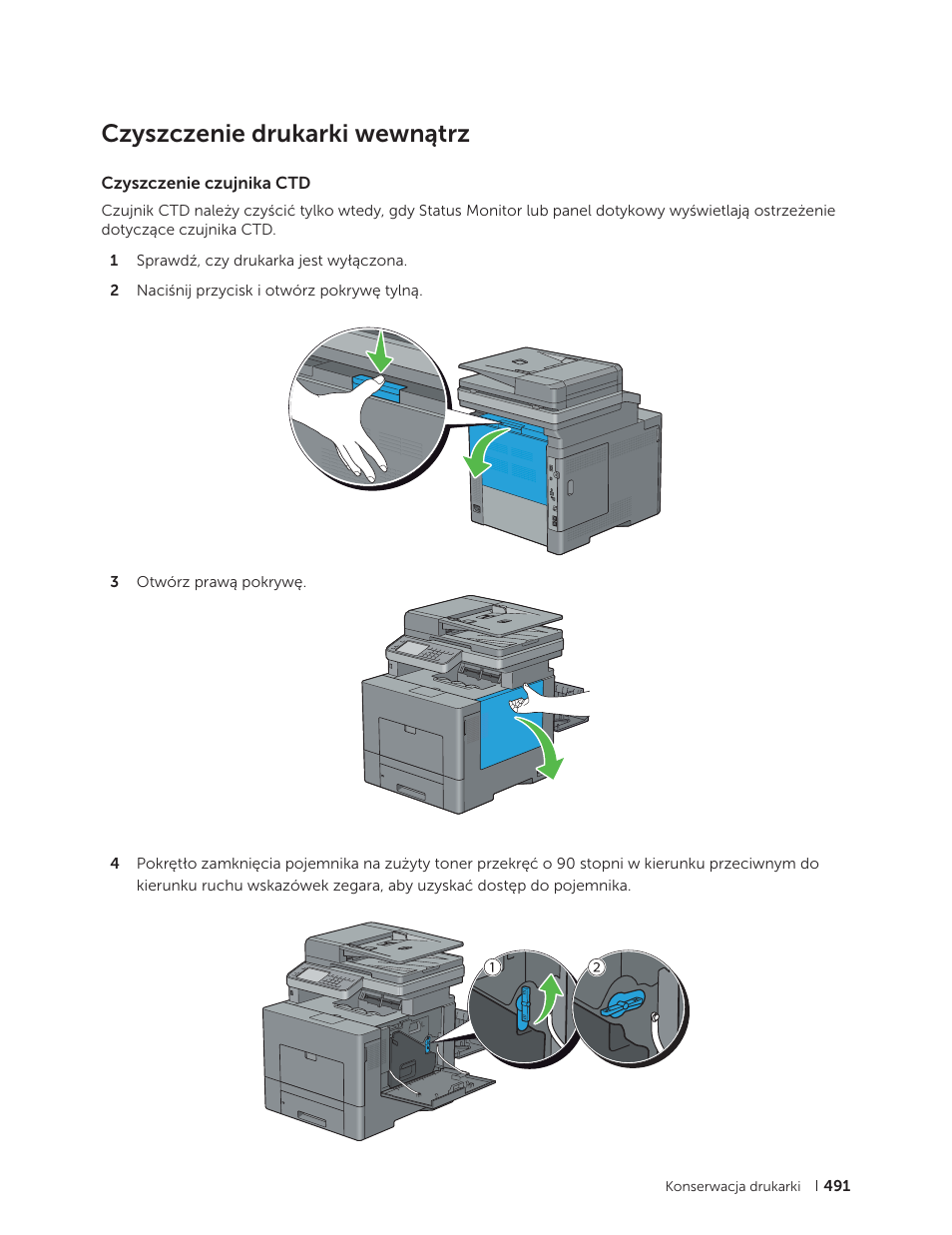 Czyszczenie drukarki wewnątrz, Czyszczenie czujnika ctd | Dell C2665dnf Color Laser Printer User Manual | Page 491 / 564