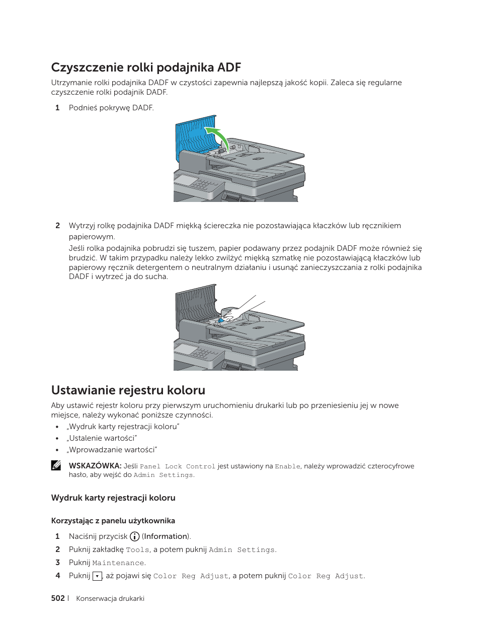 Czyszczenie rolki podajnika adf, Ustawianie rejestru koloru, Wydruk karty rejestracji koloru | Dell C2665dnf Color Laser Printer User Manual | Page 502 / 564