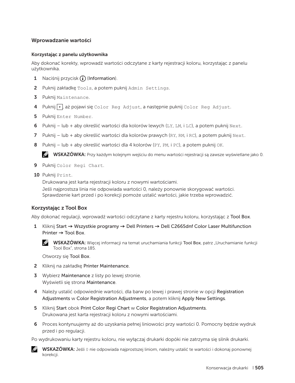 Wprowadzanie wartości, Korzystając z tool box, Wprowadzanie wartości korzystając z tool box | Dell C2665dnf Color Laser Printer User Manual | Page 505 / 564