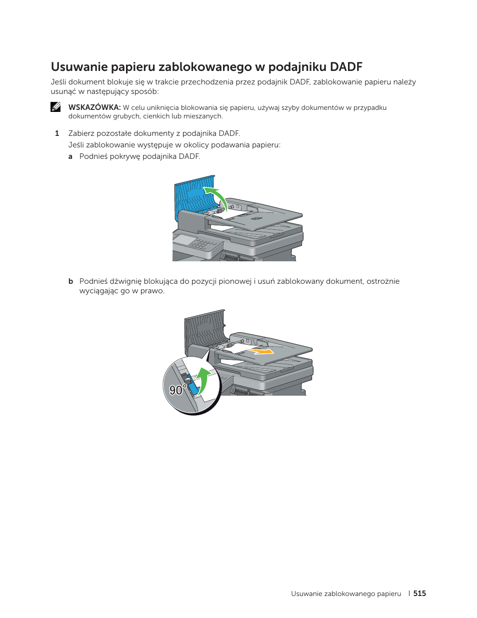 Usuwanie papieru zablokowanego w podajniku dadf | Dell C2665dnf Color Laser Printer User Manual | Page 515 / 564