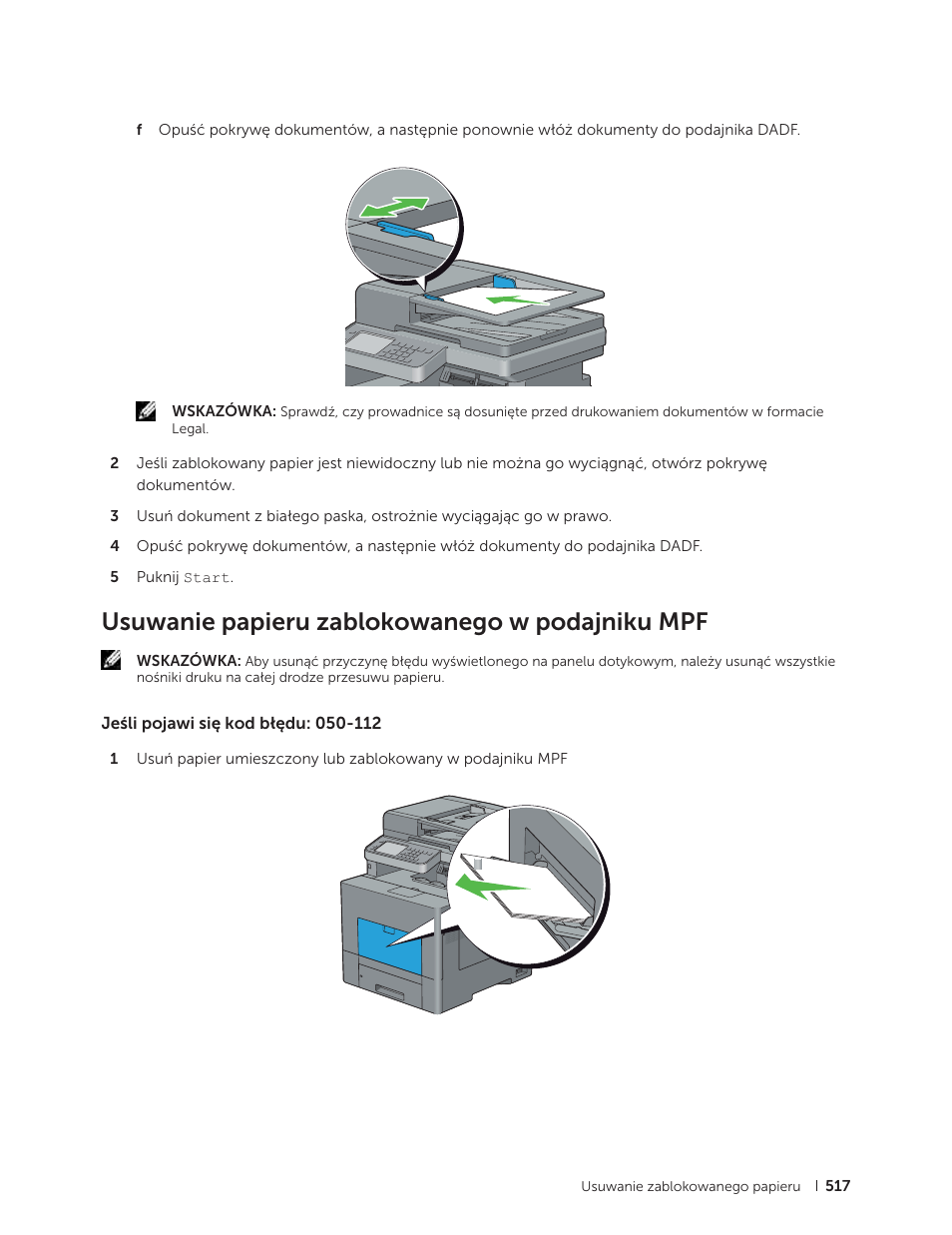 Usuwanie papieru zablokowanego w podajniku mpf, Jeśli pojawi się kod błędu: 050-112 | Dell C2665dnf Color Laser Printer User Manual | Page 517 / 564