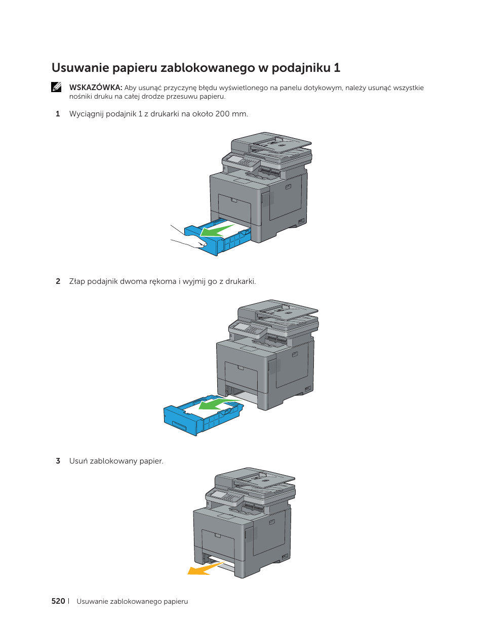 Usuwanie papieru zablokowanego w podajniku 1 | Dell C2665dnf Color Laser Printer User Manual | Page 520 / 564