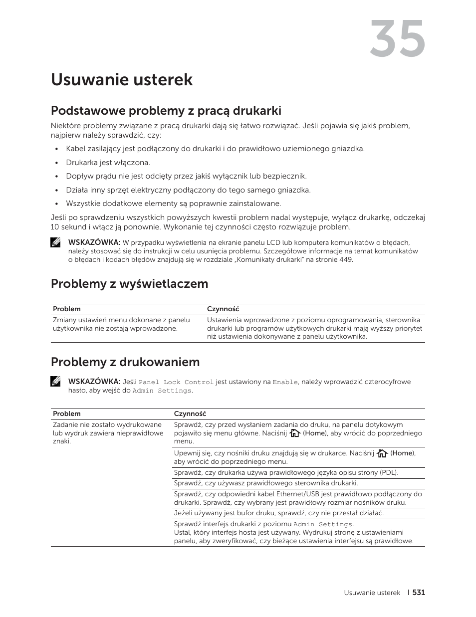 Usuwanie usterek, Podstawowe problemy z pracą drukarki, Problemy z wyświetlaczem | Problemy z drukowaniem | Dell C2665dnf Color Laser Printer User Manual | Page 531 / 564