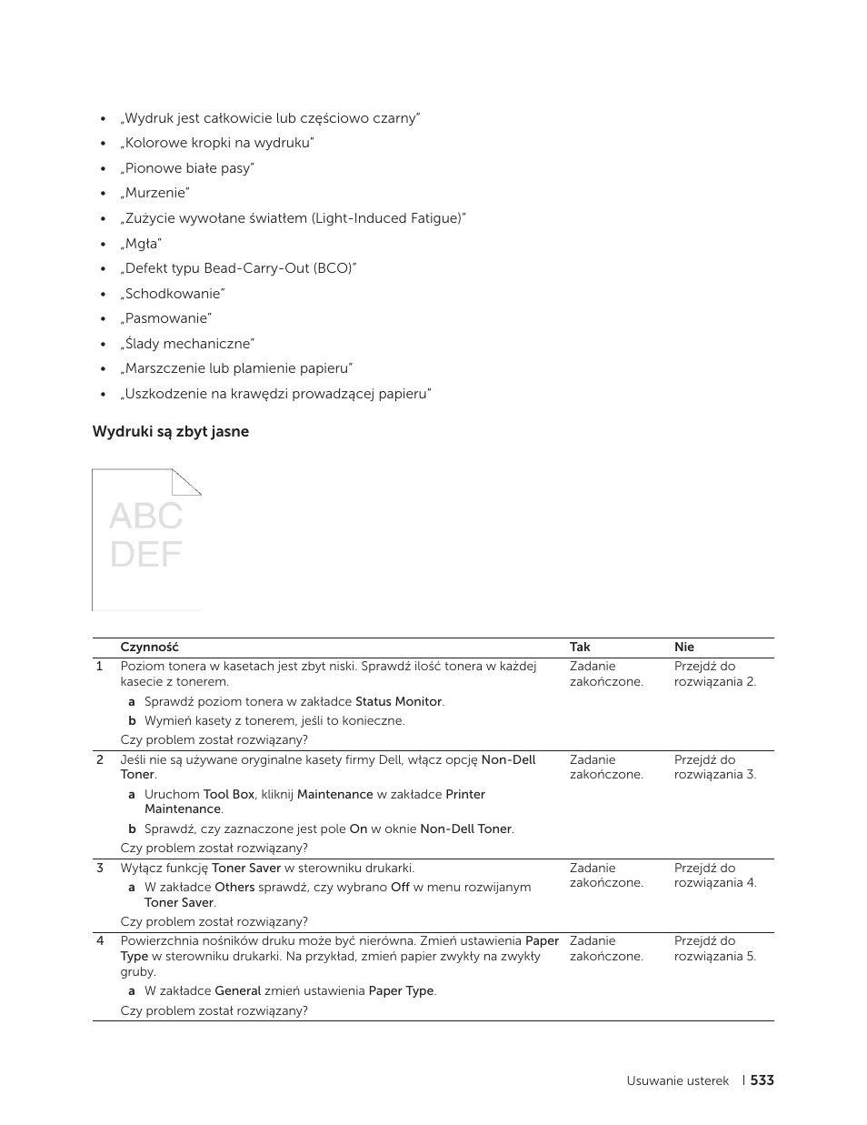 Wydruki są zbyt jasne | Dell C2665dnf Color Laser Printer User Manual | Page 533 / 564