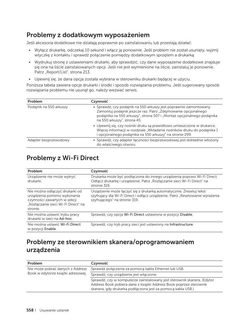 Problemy z dodatkowym wyposażeniem, Problemy z wi-fi direct | Dell C2665dnf Color Laser Printer User Manual | Page 558 / 564
