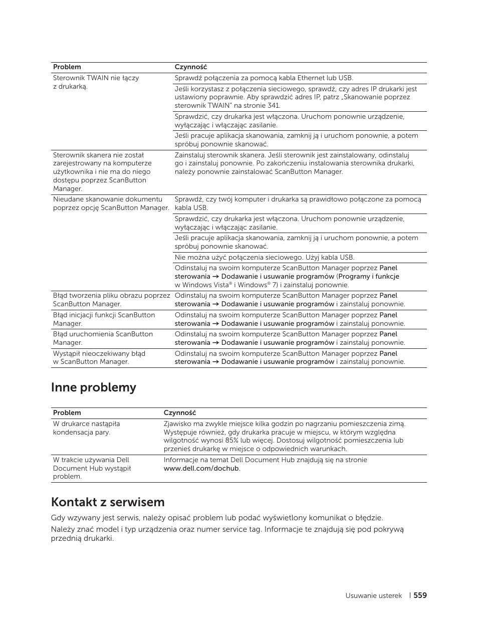 Inne problemy, Kontakt z serwisem | Dell C2665dnf Color Laser Printer User Manual | Page 559 / 564