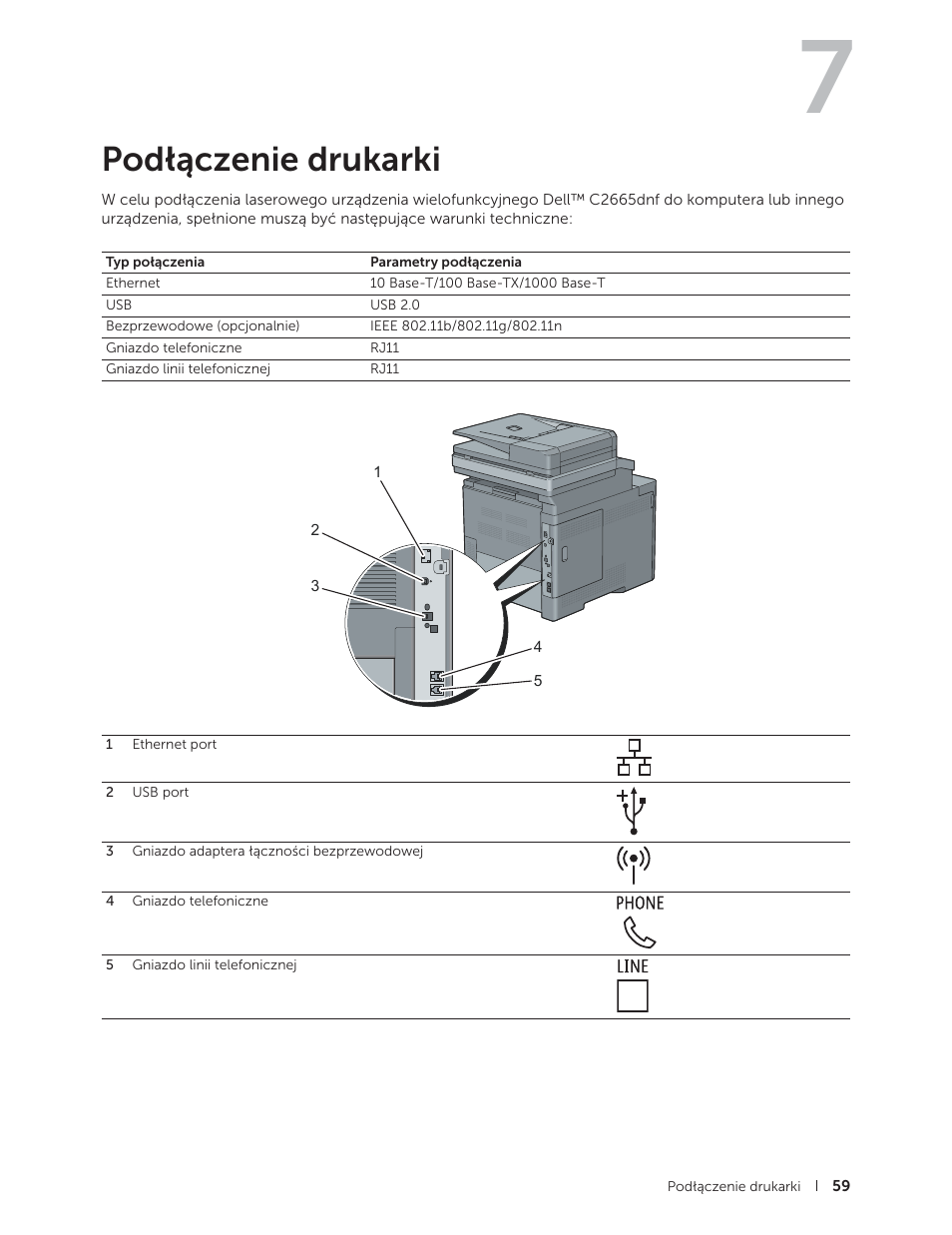 Podłączenie drukarki | Dell C2665dnf Color Laser Printer User Manual | Page 59 / 564