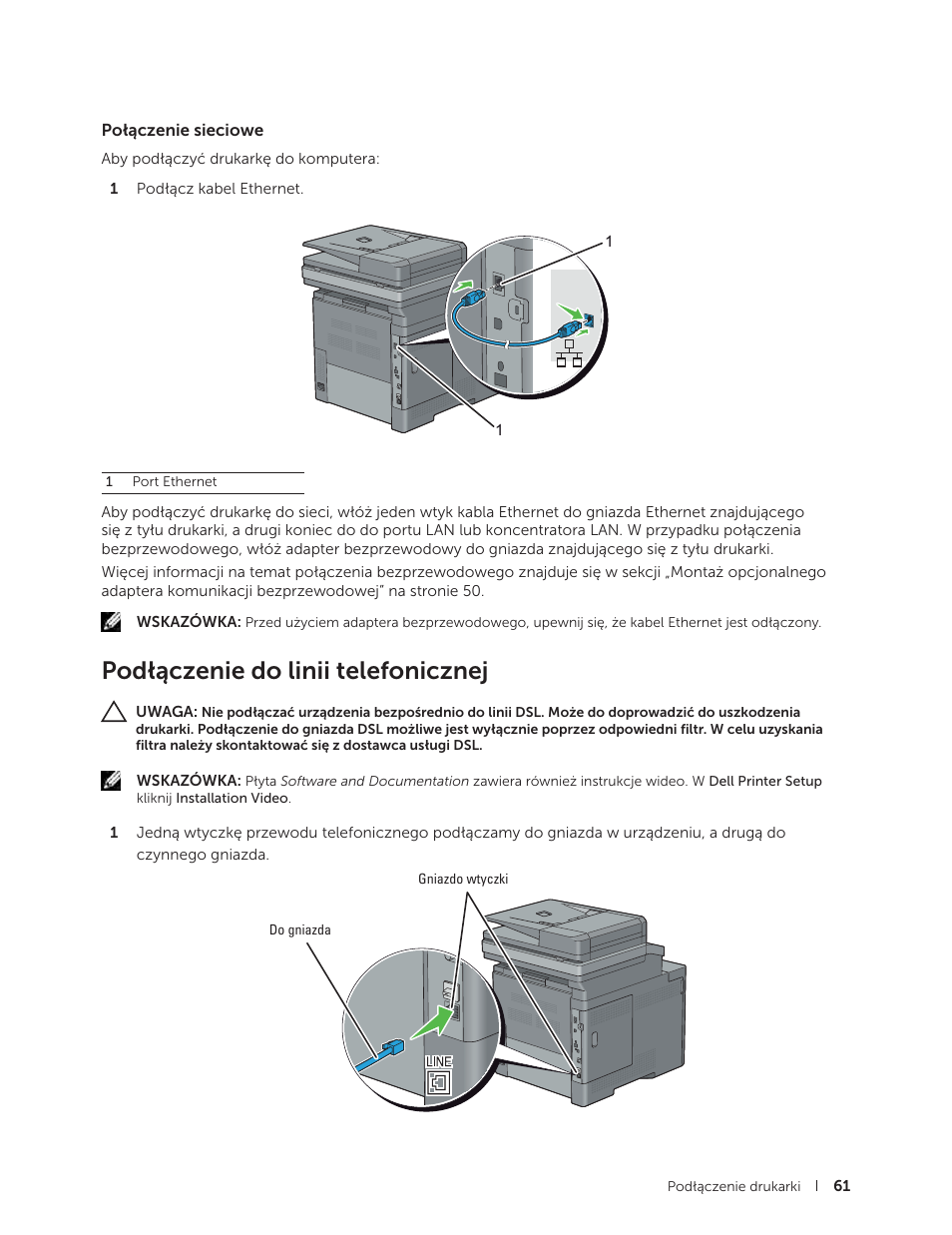 Połączenie sieciowe, Podłączenie do linii telefonicznej | Dell C2665dnf Color Laser Printer User Manual | Page 61 / 564