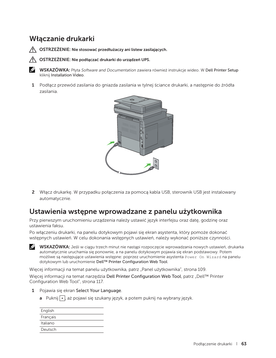 Włączanie drukarki | Dell C2665dnf Color Laser Printer User Manual | Page 63 / 564
