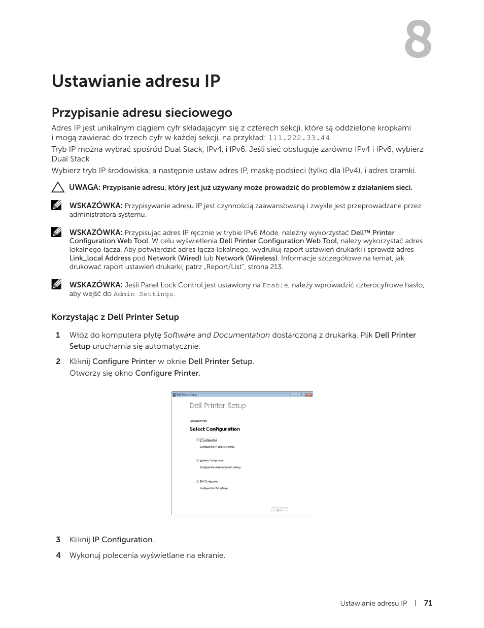 Ustawianie adresu ip, Przypisanie adresu sieciowego, Korzystając z dell printer setup | Ustawienie adresu ip | Dell C2665dnf Color Laser Printer User Manual | Page 71 / 564