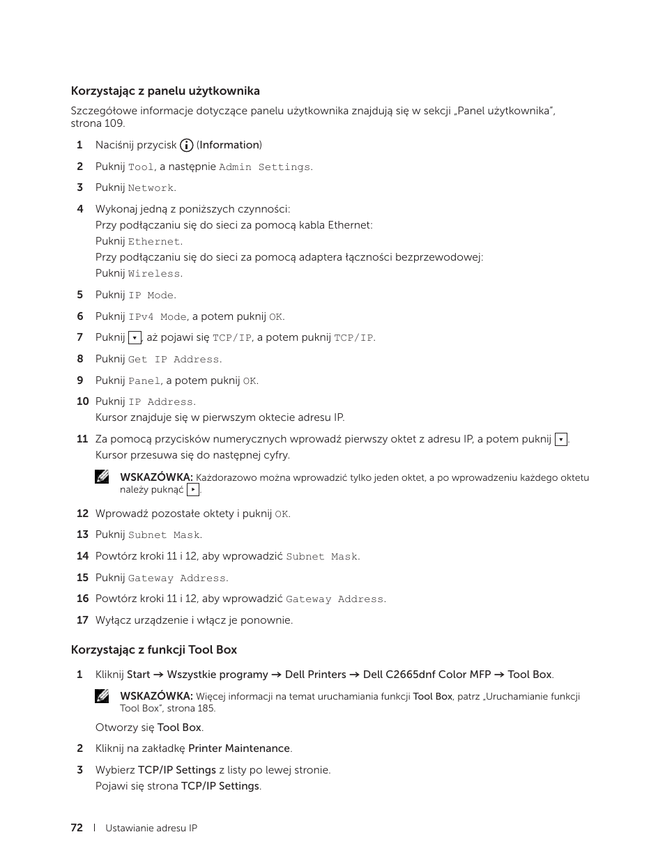 Korzystając z panelu użytkownika, Korzystając z funkcji tool box | Dell C2665dnf Color Laser Printer User Manual | Page 72 / 564