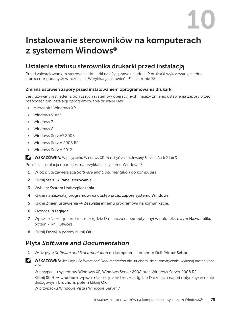 Płyta software and documentation, Instalowanie sterowników na komputerach z systemem, Windows | Instalowanie sterowników na komputerach, Z systemem windows | Dell C2665dnf Color Laser Printer User Manual | Page 79 / 564
