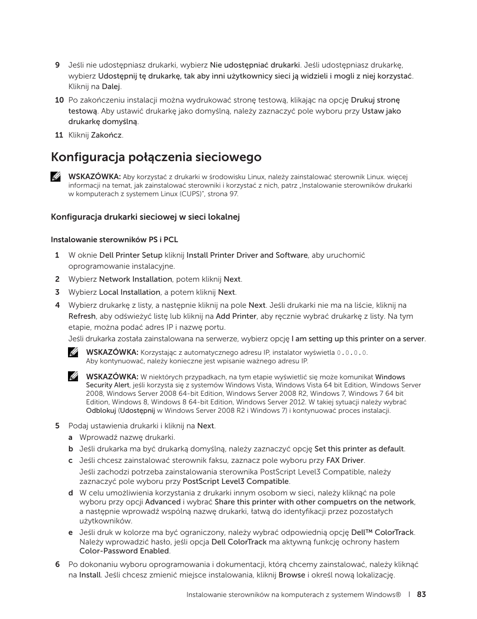 Konfiguracja połączenia sieciowego, Konfiguracja drukarki sieciowej w sieci lokalnej | Dell C2665dnf Color Laser Printer User Manual | Page 83 / 564