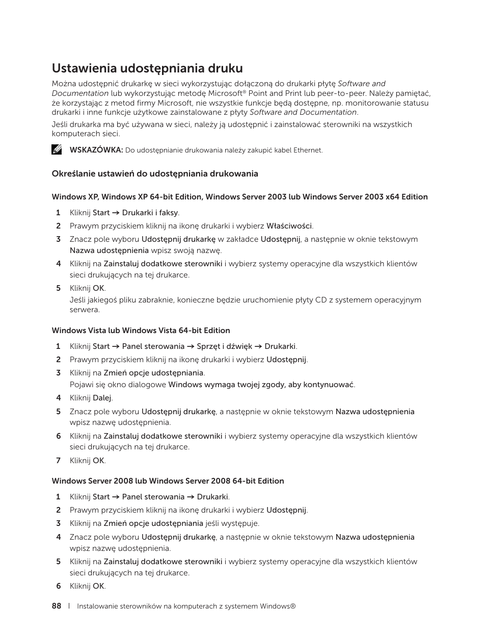 Ustawienia udostępniania druku, Określanie ustawień do udostępniania drukowania | Dell C2665dnf Color Laser Printer User Manual | Page 88 / 564