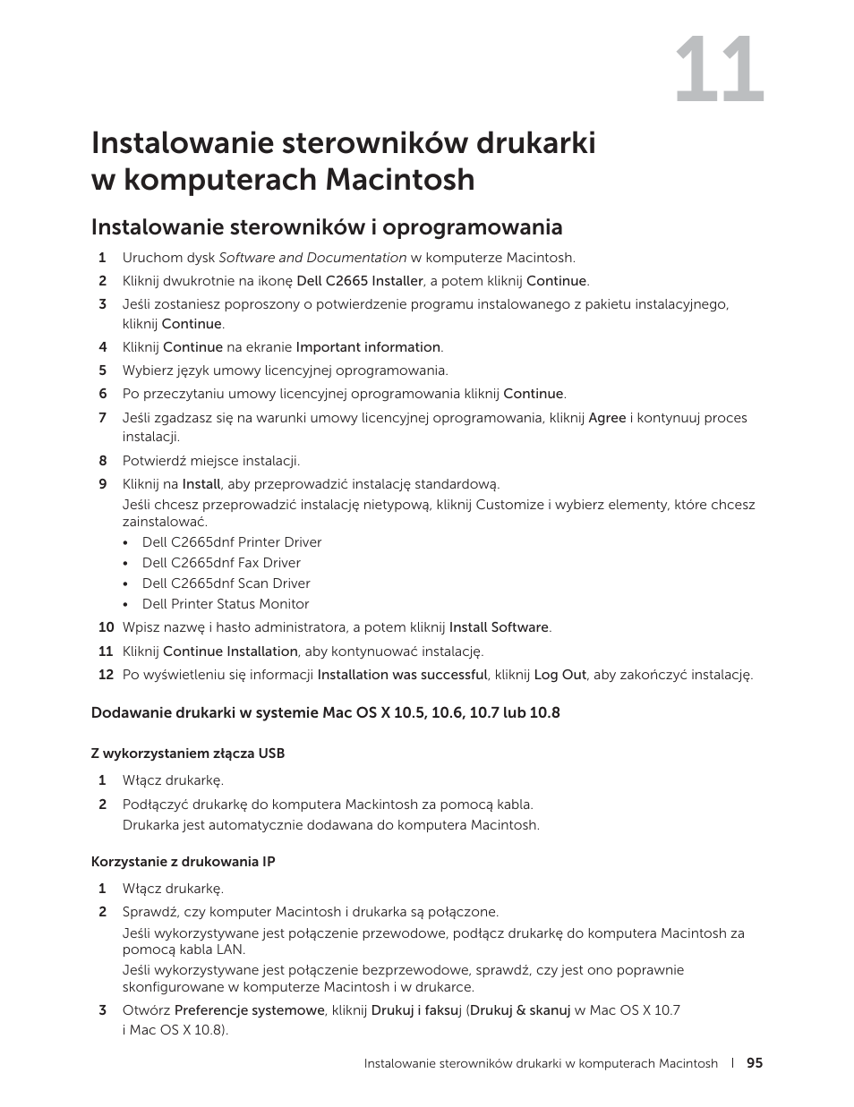 Instalowanie sterowników i oprogramowania, Instalowanie sterowników drukarki w komputerach, Macintosh | Instalowanie sterowników drukarki, W komputerach macintosh | Dell C2665dnf Color Laser Printer User Manual | Page 95 / 564