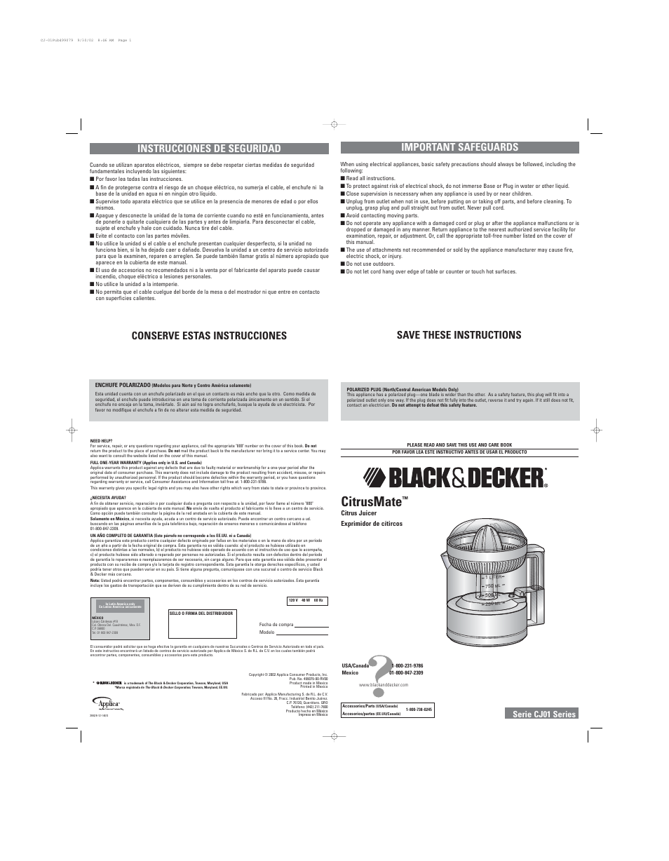 Black & Decker CITRUSMATE CJ01 User Manual | 2 pages
