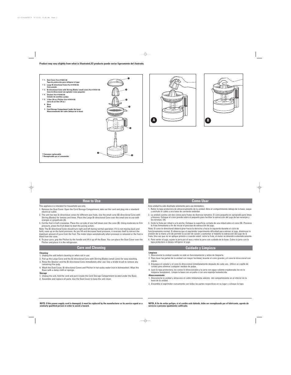How to use care and cleaning, Como usar cuidado y limpieza | Black & Decker CITRUSMATE CJ01 User Manual | Page 2 / 2