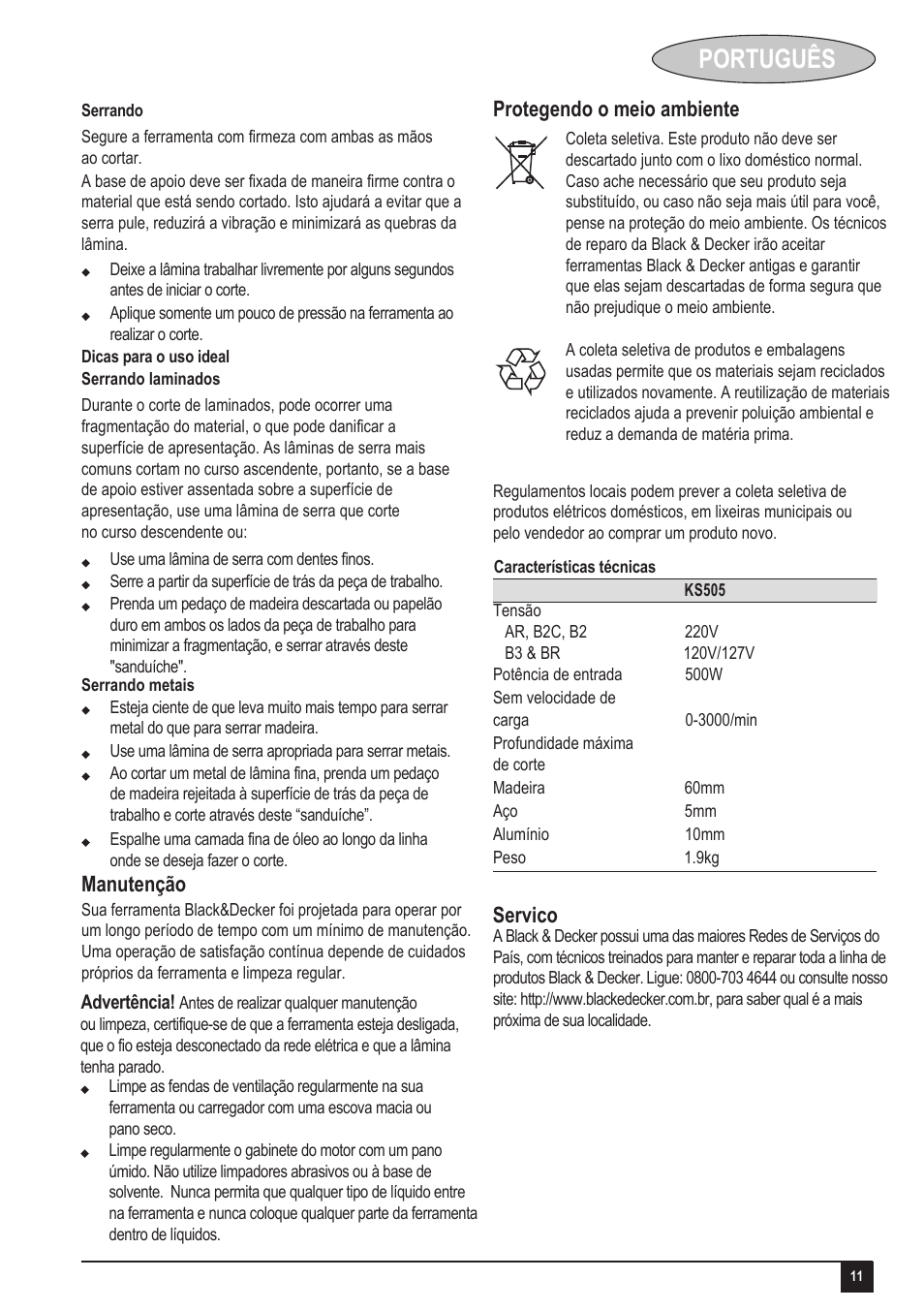 Português | Black & Decker KS505 User Manual | Page 11 / 15