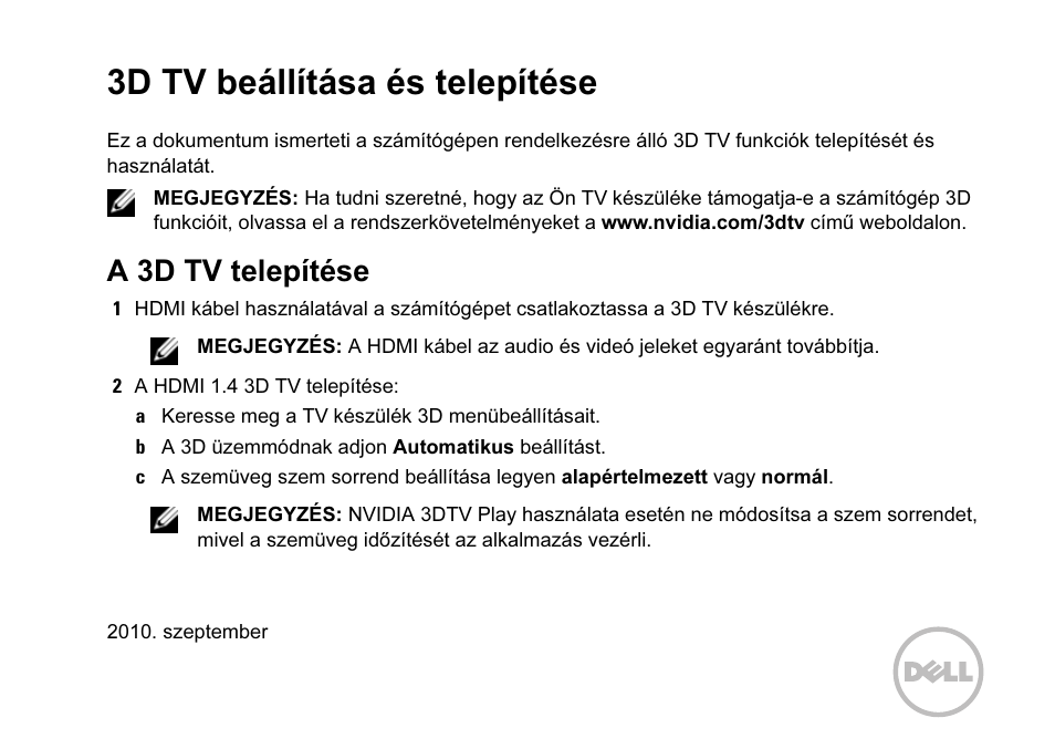 3d tv beállítása és telepítése, A 3d tv telepítése | Dell XPS 15 (L501X, Late 2010) User Manual | Page 17 / 42