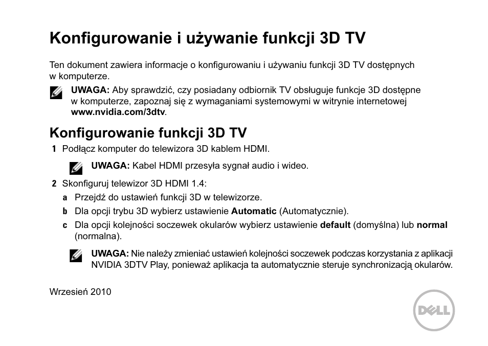 Konfigurowanie i używanie funkcji 3d tv, Konfigurowanie funkcji 3d tv | Dell XPS 15 (L501X, Late 2010) User Manual | Page 27 / 42