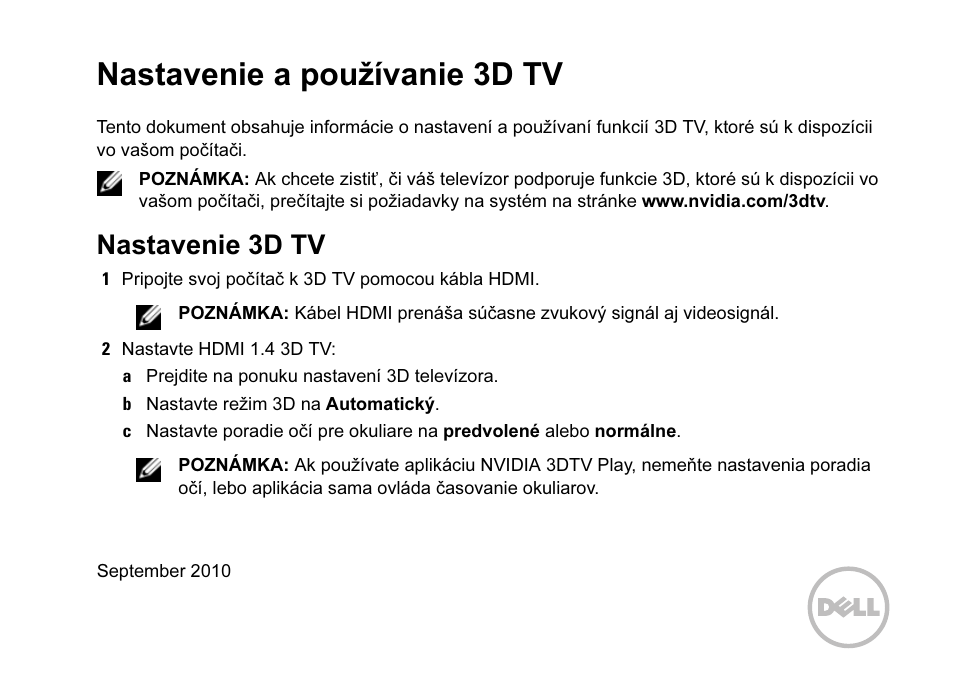 Nastavenie a používanie 3d tv, Nastavenie 3d tv | Dell XPS 15 (L501X, Late 2010) User Manual | Page 35 / 42